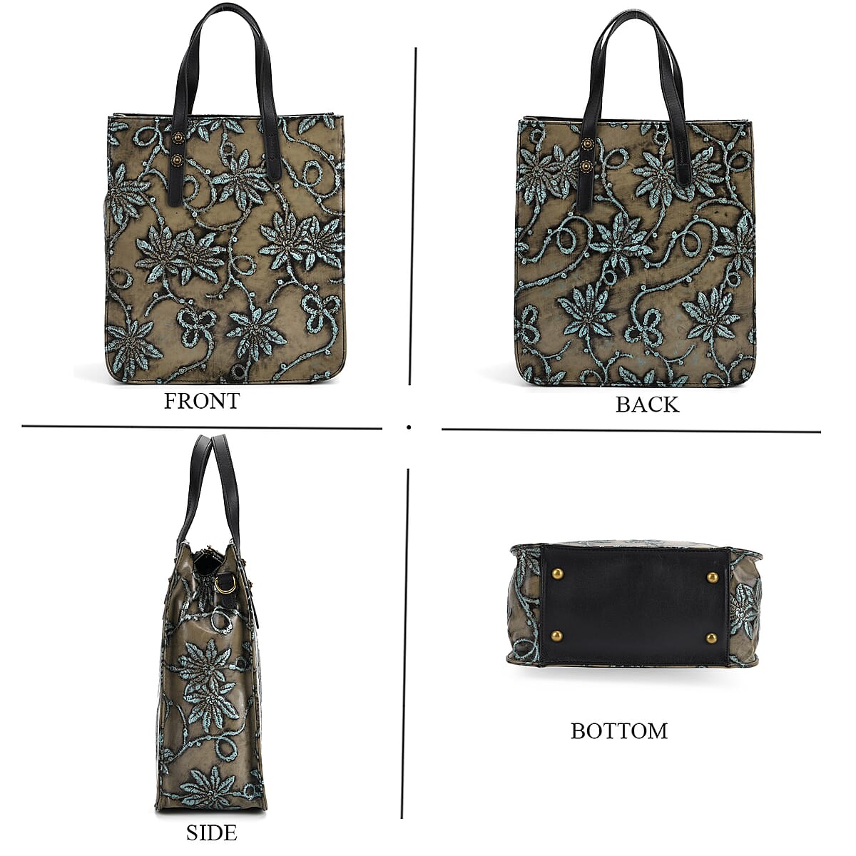 Grand Pelle Black Flower Vine Embossed Genuine Leather Rectangular Bag with Shoulder Strap image number 2