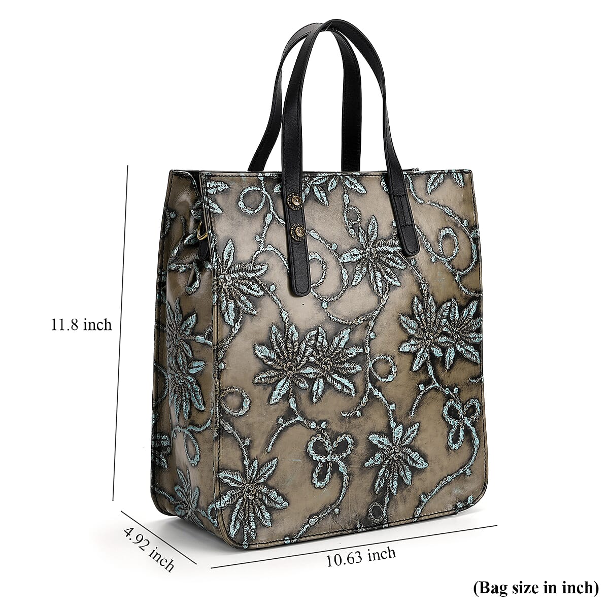 Grand Pelle Black Flower Vine Embossed Genuine Leather Rectangular Bag with Shoulder Strap image number 5