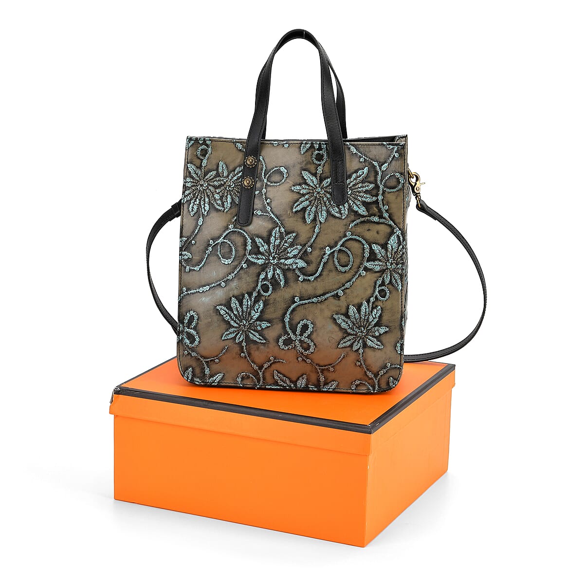 Grand Pelle Black Flower Vine Embossed Genuine Leather Rectangular Bag with Shoulder Strap image number 6