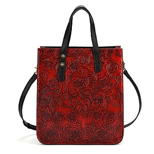 Grand Pelle Red Flower Embossed Genuine Leather Rectangular Bag with Shoulder Strap