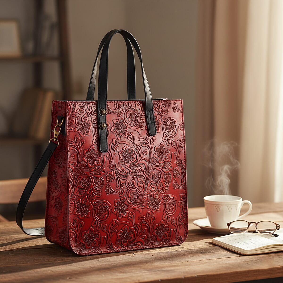 Grand Pelle Red Flower Embossed Genuine Leather Rectangular Bag with Shoulder Strap image number 1