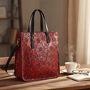 Grand Pelle Red Flower Embossed Genuine Leather Rectangular Bag with Shoulder Strap