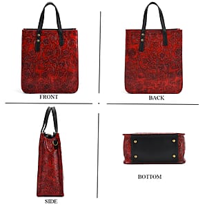 Grand Pelle Red Flower Embossed Genuine Leather Rectangular Bag with Shoulder Strap