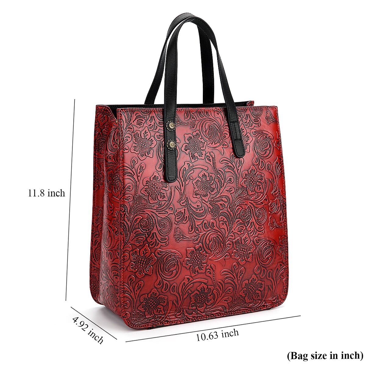 Grand Pelle Red Flower Embossed Genuine Leather Rectangular Bag with Shoulder Strap image number 5