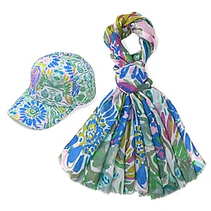 Set of 2, Green Floral Pattern Scarf and Cap