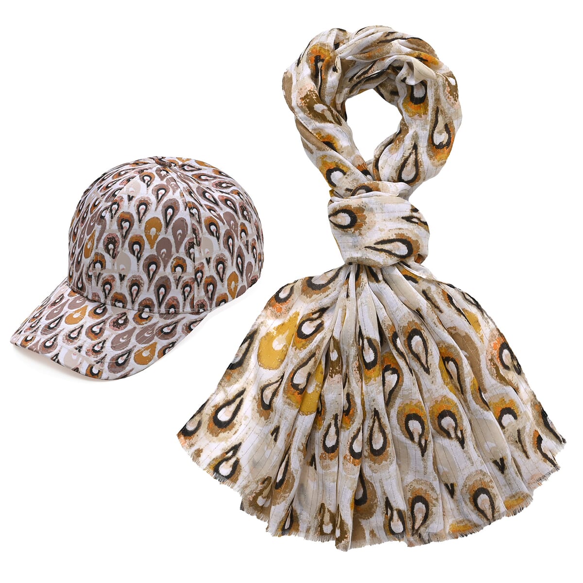 Set of 2, Yellow Floral Pattern Scarf and Cap image number 0
