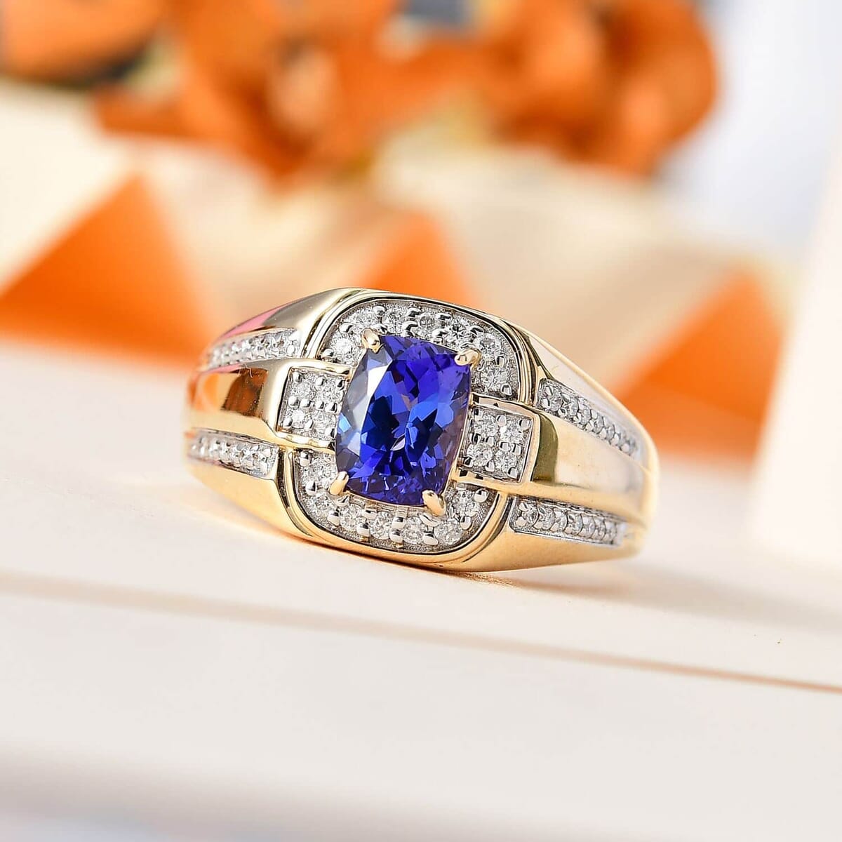 Luxoro AAA Tanzanite and G-H I2 Diamond 1.90 ctw Men's Ring in 14K Yellow Gold (Size 10.5) 7.80 Grams image number 1