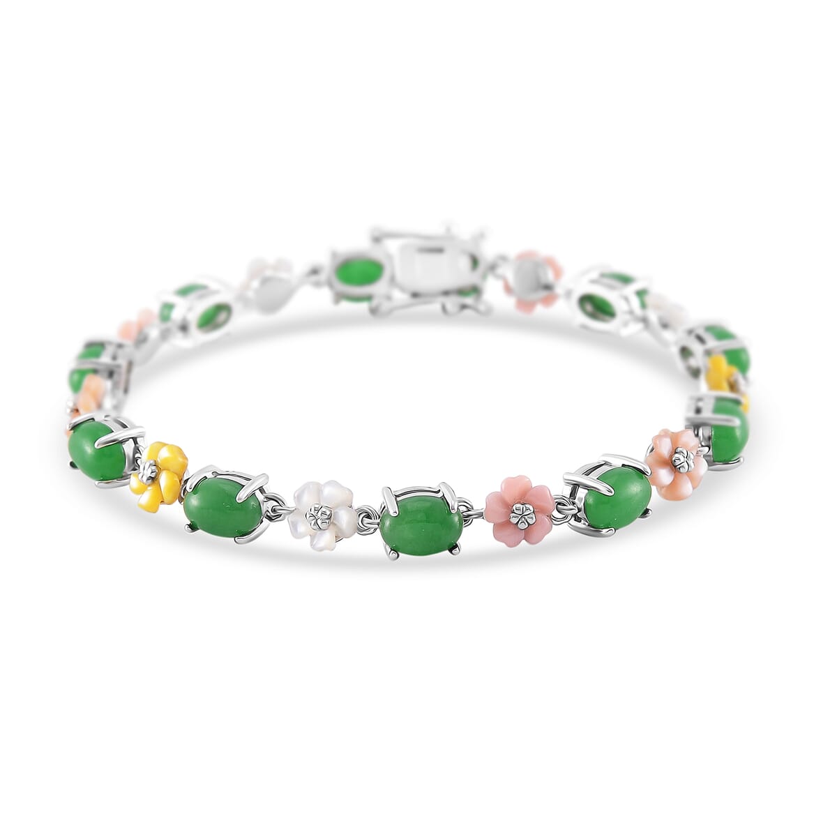 Green Jade, Multi Color Mother of Pearl Carved Floral Bracelet in Rhodium Over Sterling Silver (6.50 In) 10.00 ctw image number 0