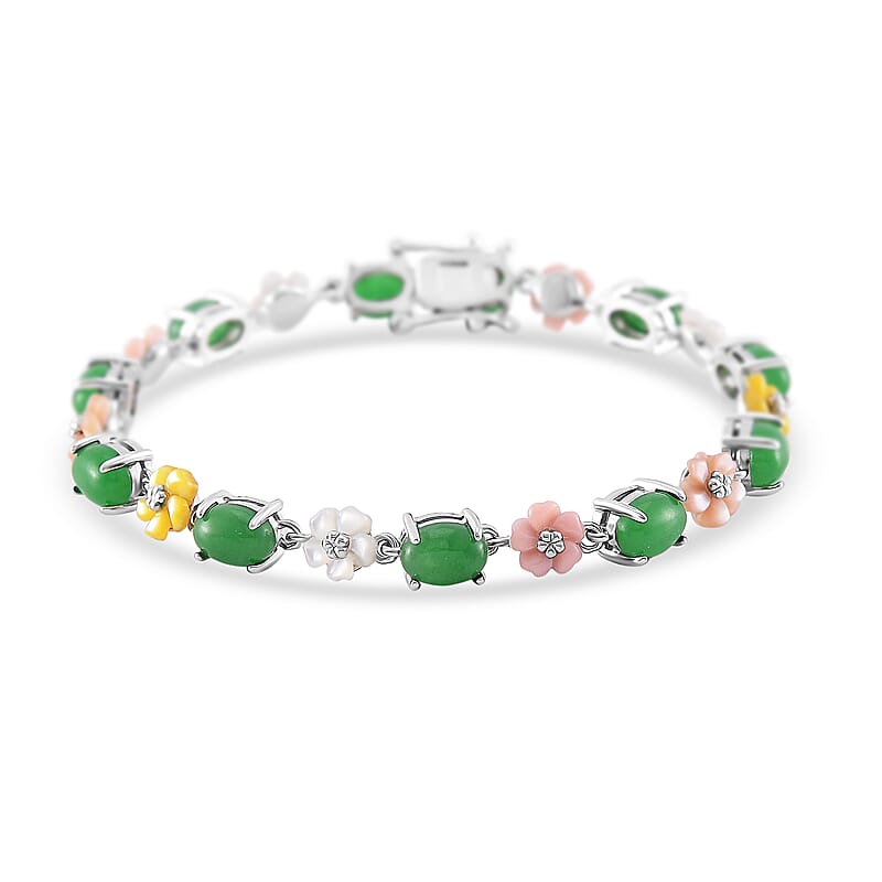 Green Jade (D) 10.00 ctw and Multi Color Mother of Pearl Carved Floral Bracelet in Rhodium Over Sterling Silver (6.50 In)