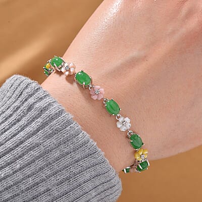 Green Jade (D) 10.00 ctw and Multi Color Mother of Pearl Carved Floral Bracelet in Rhodium Over Sterling Silver (6.50 In)