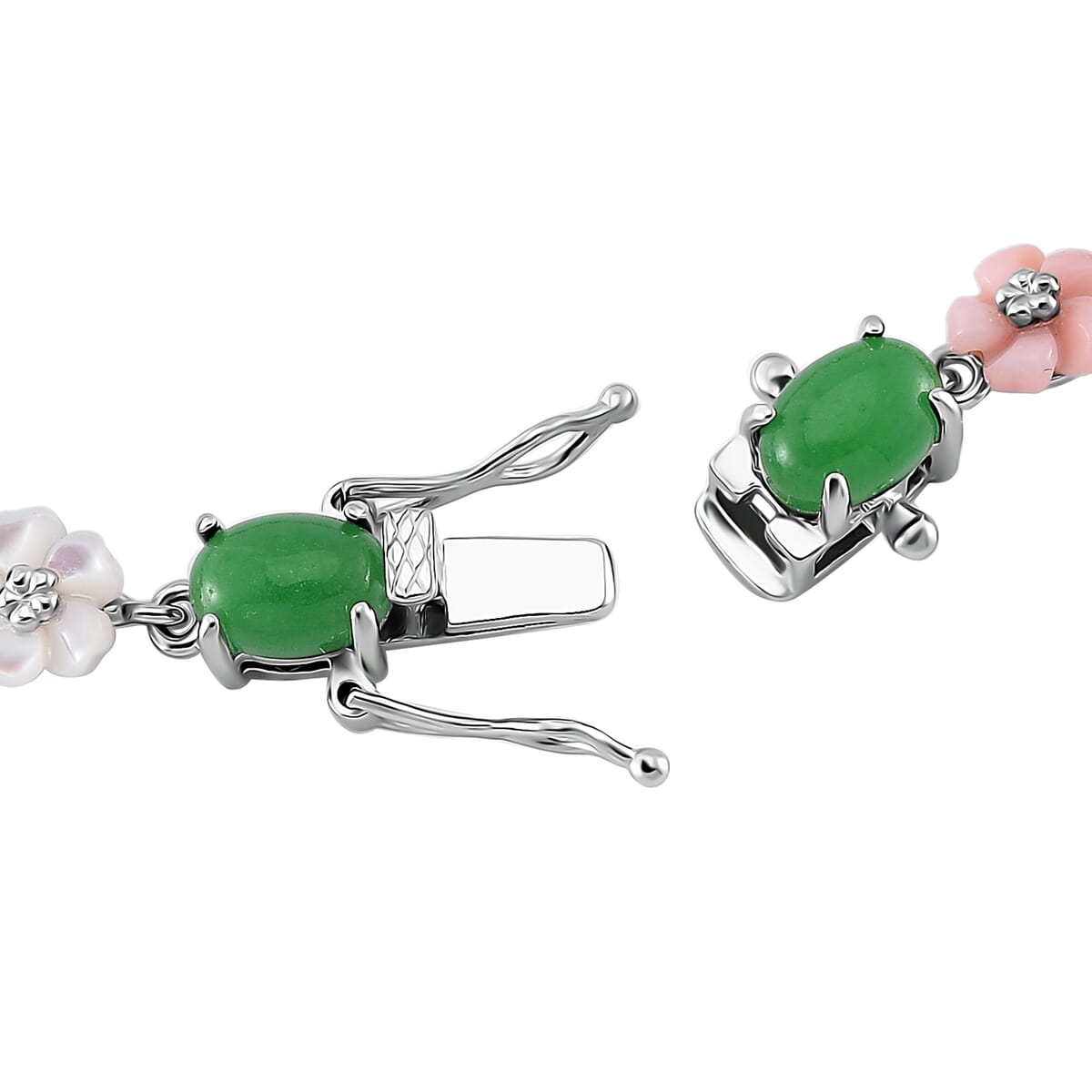 Green Jade, Multi Color Mother of Pearl Carved Floral Bracelet in Rhodium Over Sterling Silver (6.50 In) 10.00 ctw image number 2