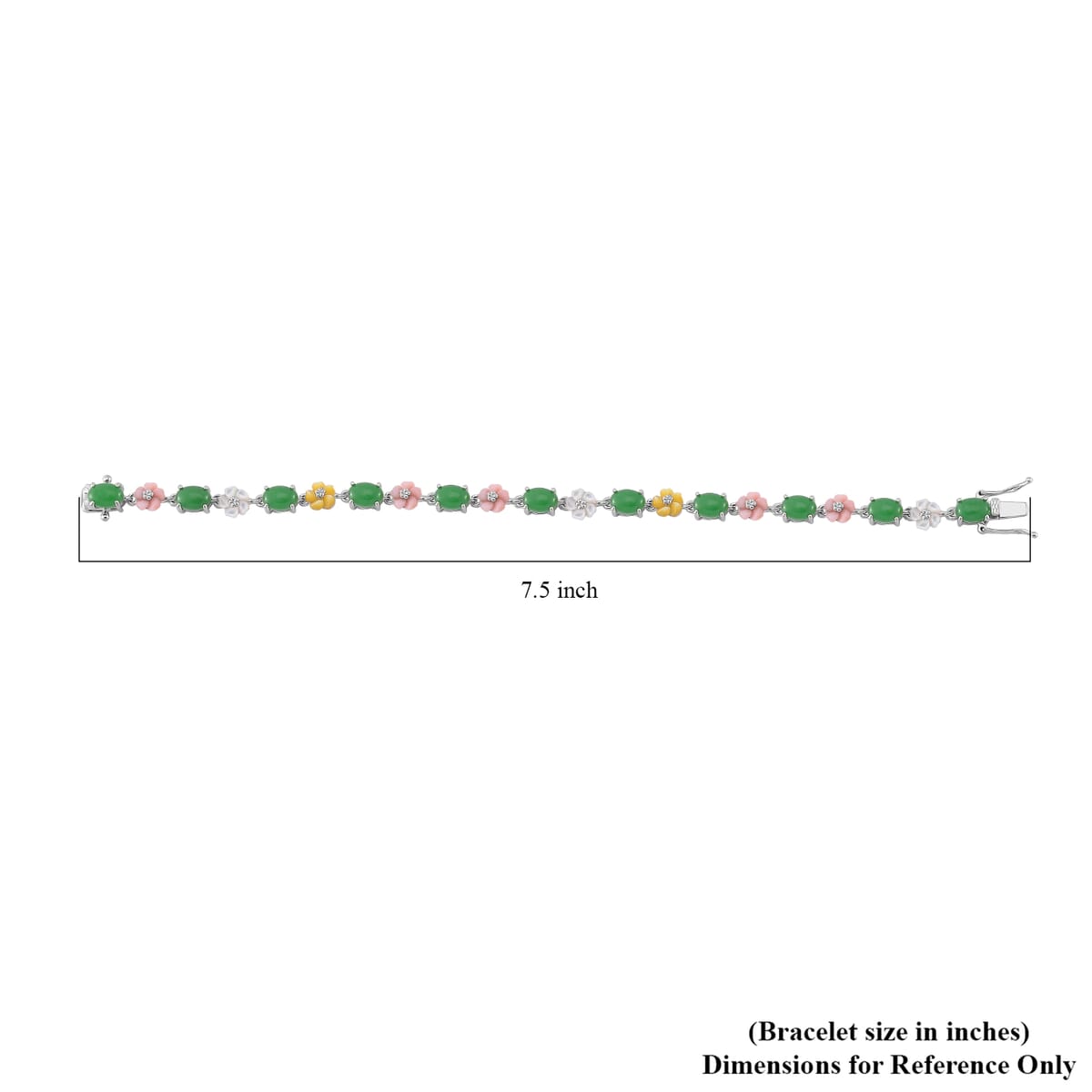 Green Jade, Multi Color Mother of Pearl Carved Floral Bracelet in Rhodium Over Sterling Silver (6.50 In) 10.00 ctw image number 3