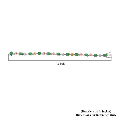 Green Jade (D) 10.00 ctw and Multi Color Mother of Pearl Carved Floral Bracelet in Rhodium Over Sterling Silver (6.50 In)