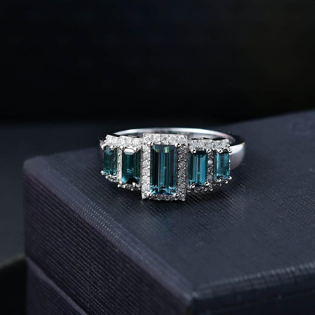 Luxoro AAA Monte Belo Indicolite and G-H I2 White Diamond 1.65 ctw Ring in 14K White Gold (Size 8.5) 5 Grams image number 1