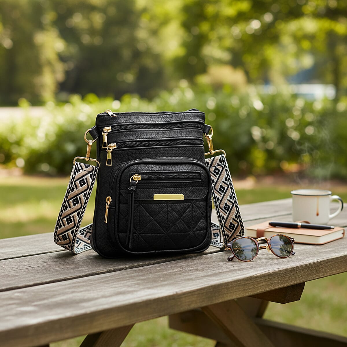 Black Multiple Pockets Faux Leather Crossbody Bag with Shoulder Strap image number 1