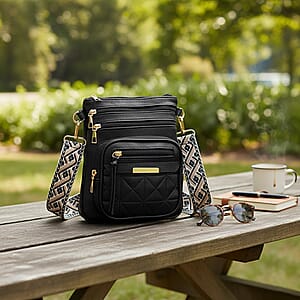 Black Multiple Pockets Faux Leather Crossbody Bag with Shoulder Strap