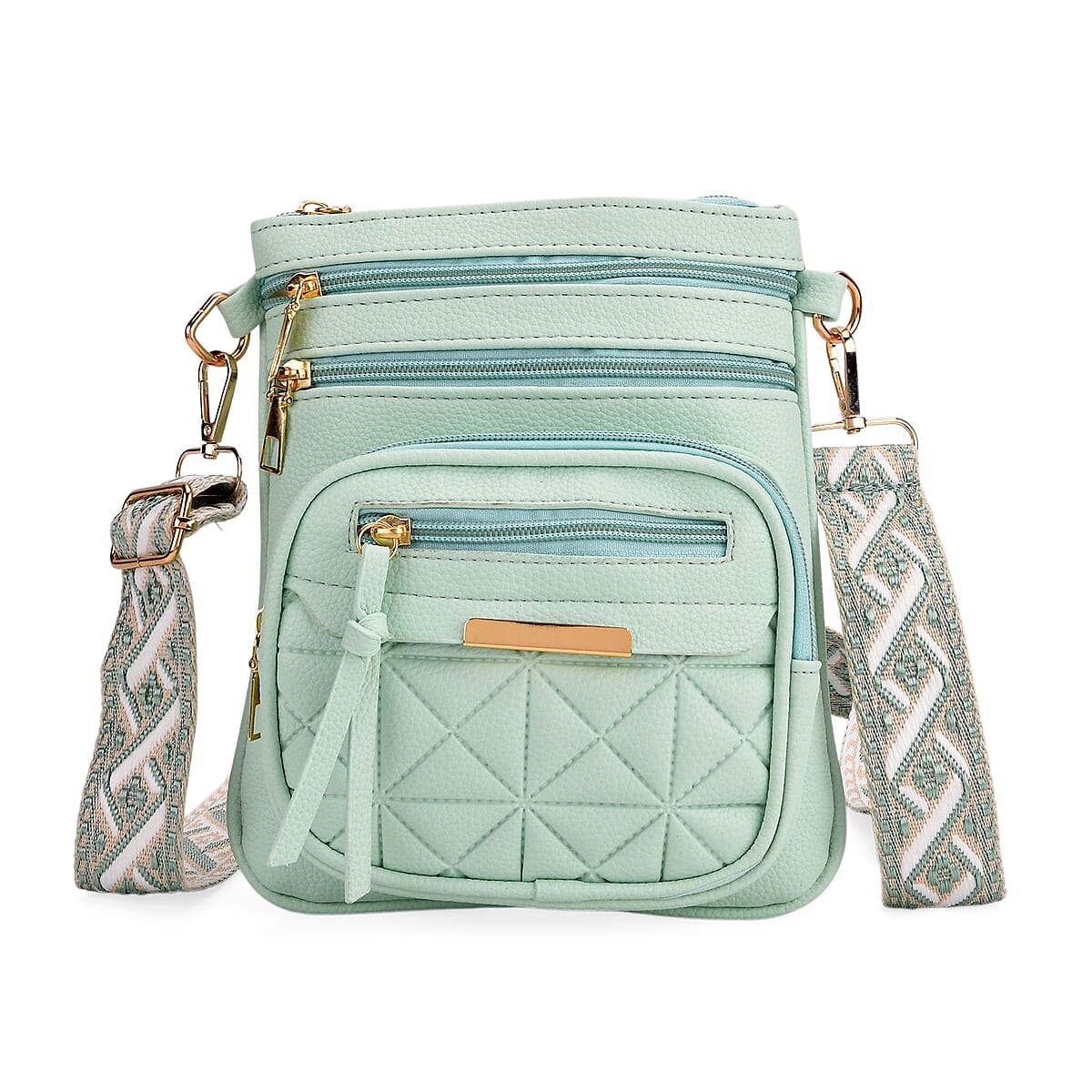 Mint Green Multiple Pockets Faux Leather Crossbody Bag with Shoulder Strap image number 0