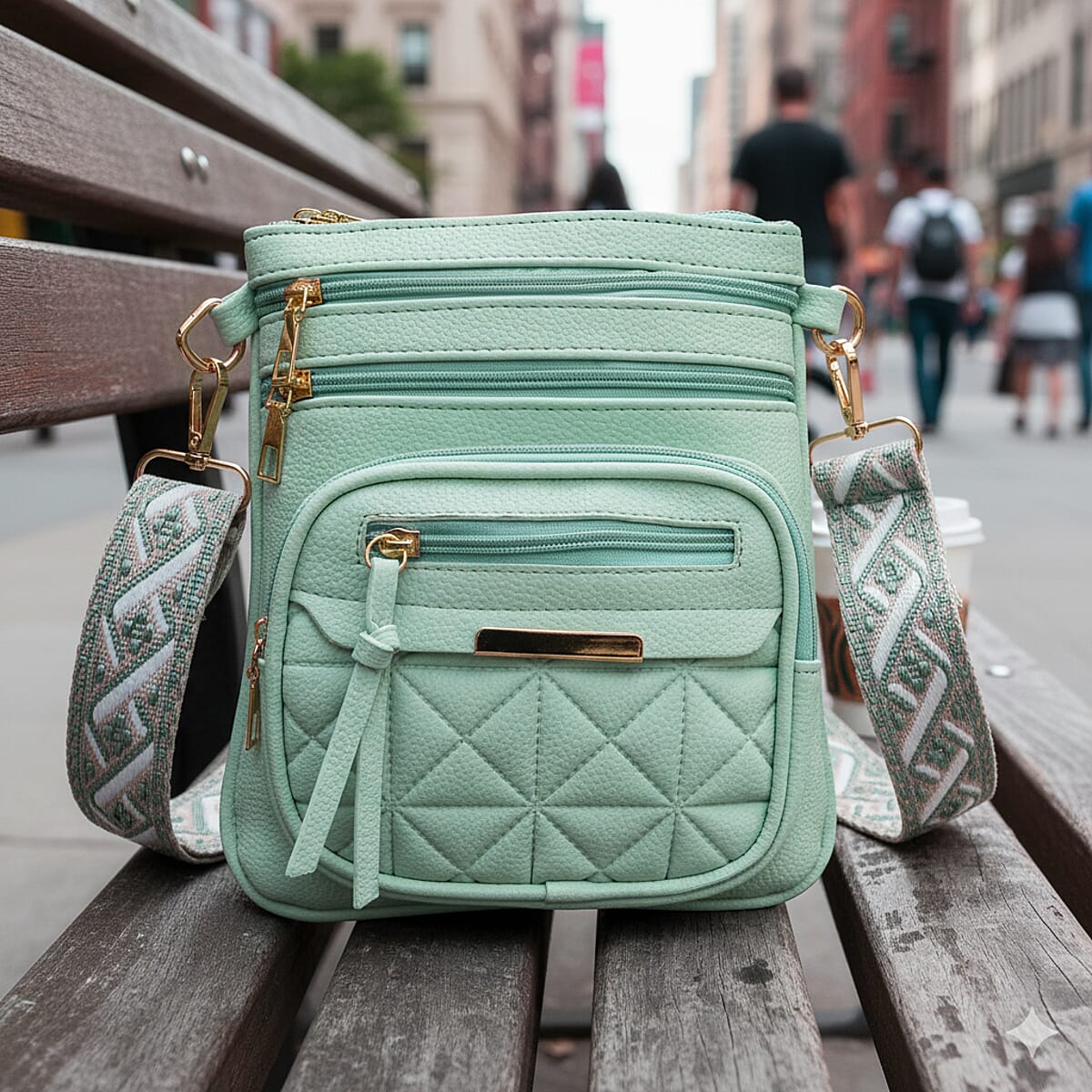 Mint Green Multiple Pockets Faux Leather Crossbody Bag with Shoulder Strap image number 1