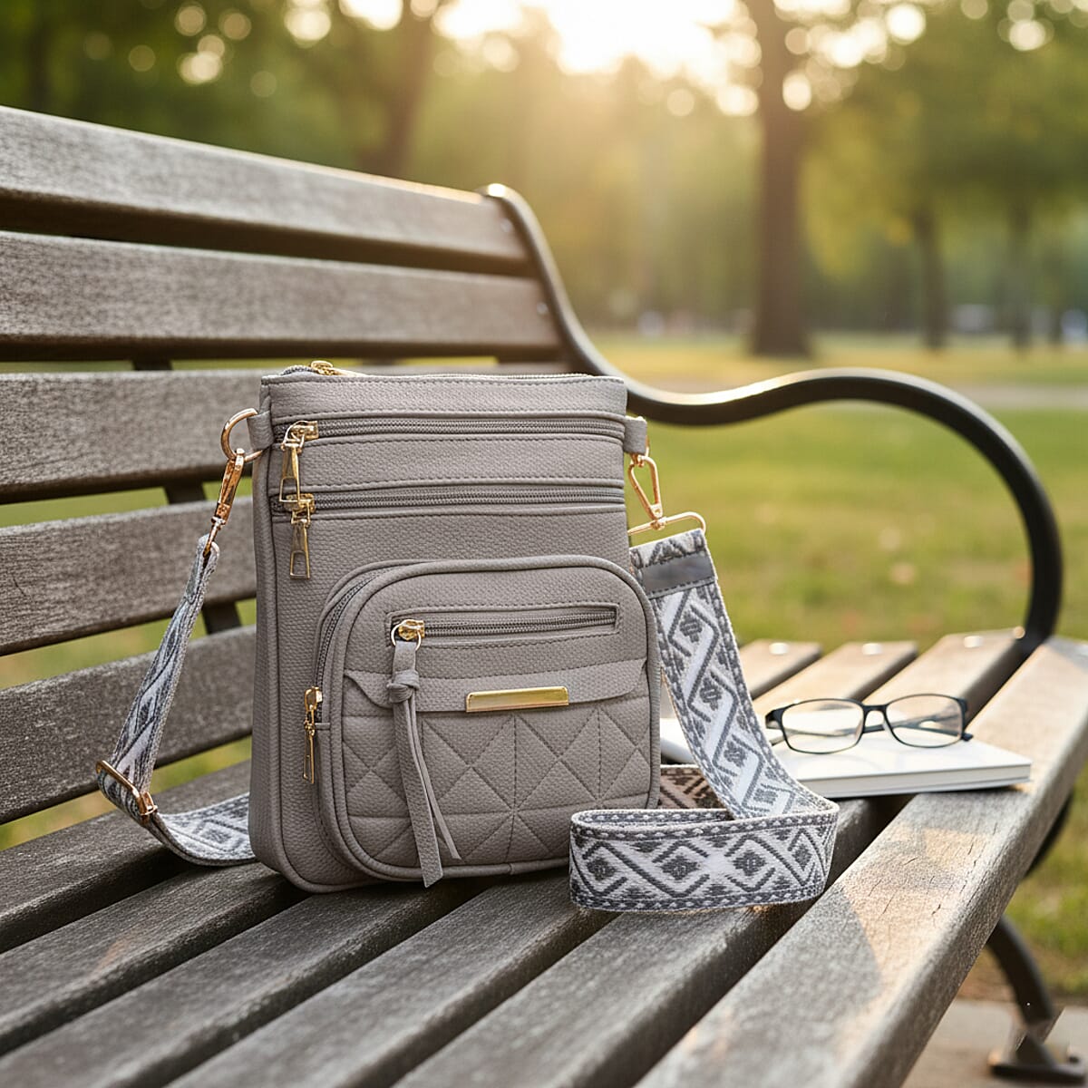 Grey Multiple Pockets Faux Leather Crossbody Bag with Shoulder Strap image number 1