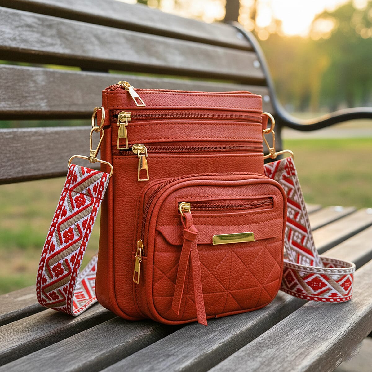 Red Multiple Pockets Faux Leather Crossbody Bag with Shoulder Strap image number 1
