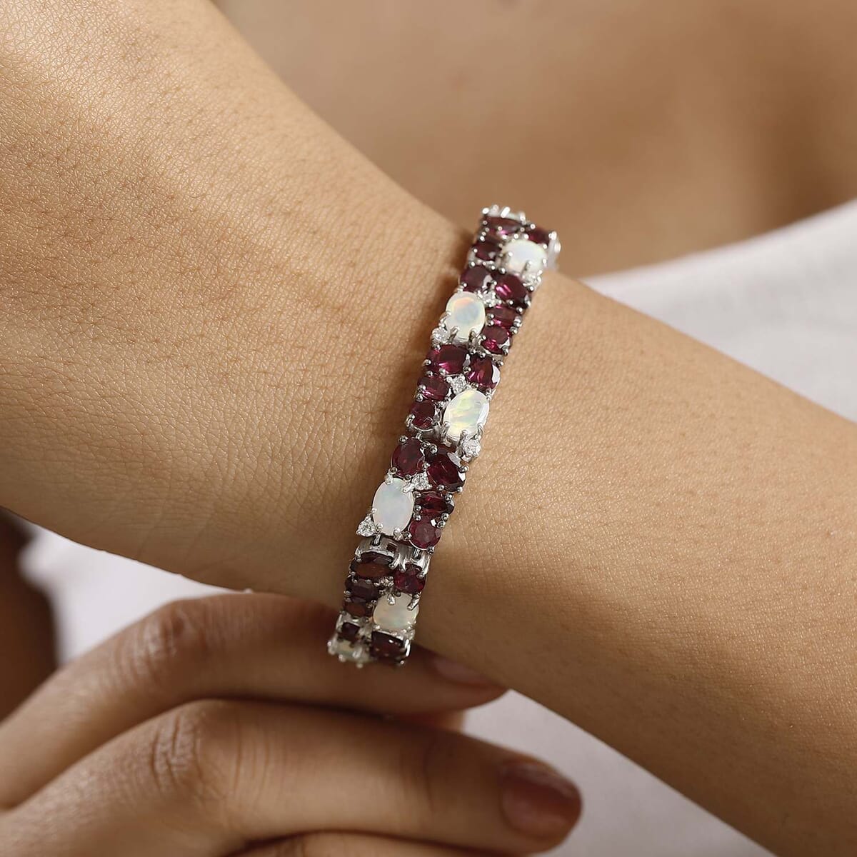 Premium Ethiopian Welo Opal and Multi Gemstone 30.00 ctw Bracelet in Rhodium Over Sterling Silver (7.25 In) image number 2