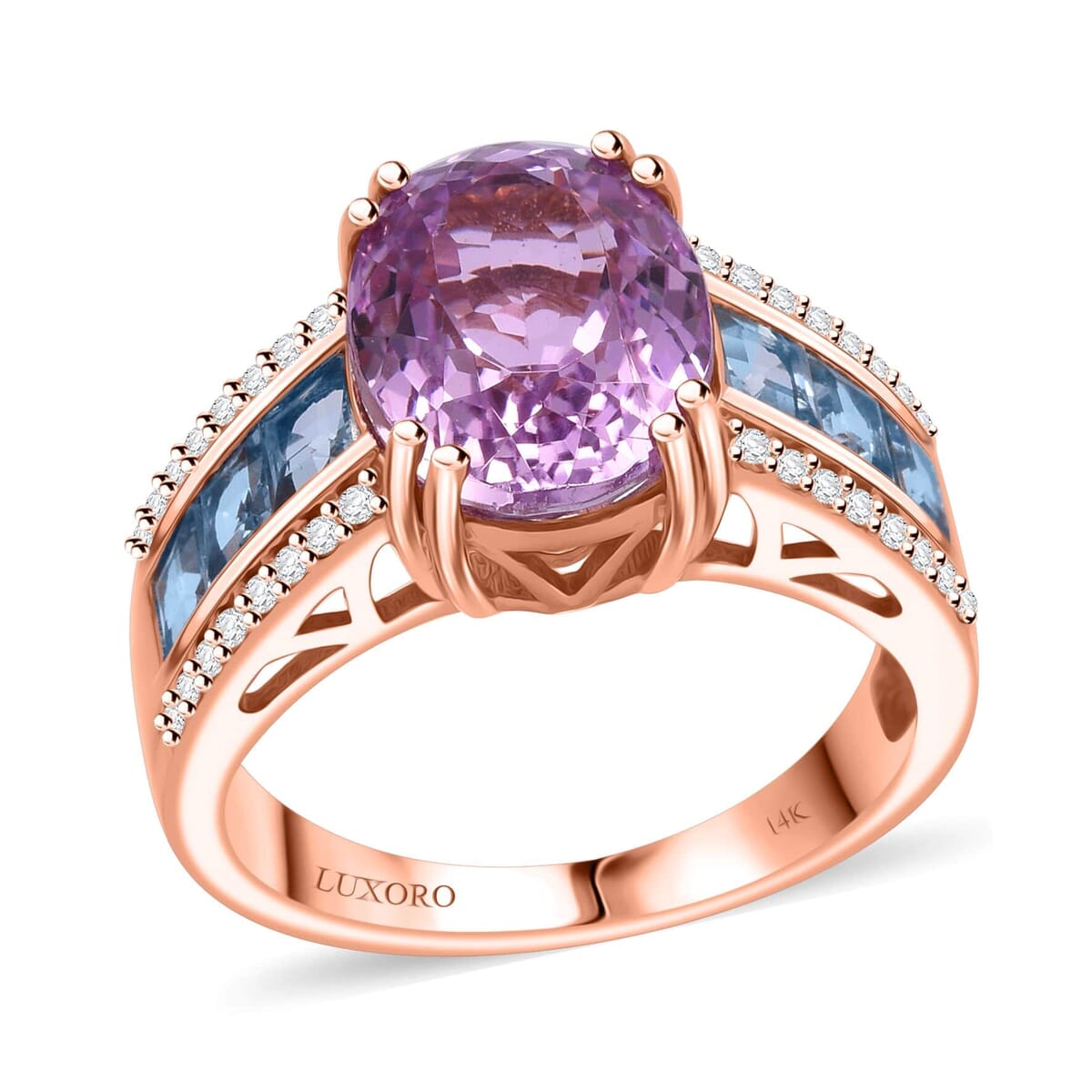 Certified & Appraised Luxoro AAA Patroke Kunzite, Santa Maria Aquamarine and G-H I2 Diamond 6.00 ctw Bridge Ring in 14K Rose Gold (Size 5.5) 4.75 Grams image number 0