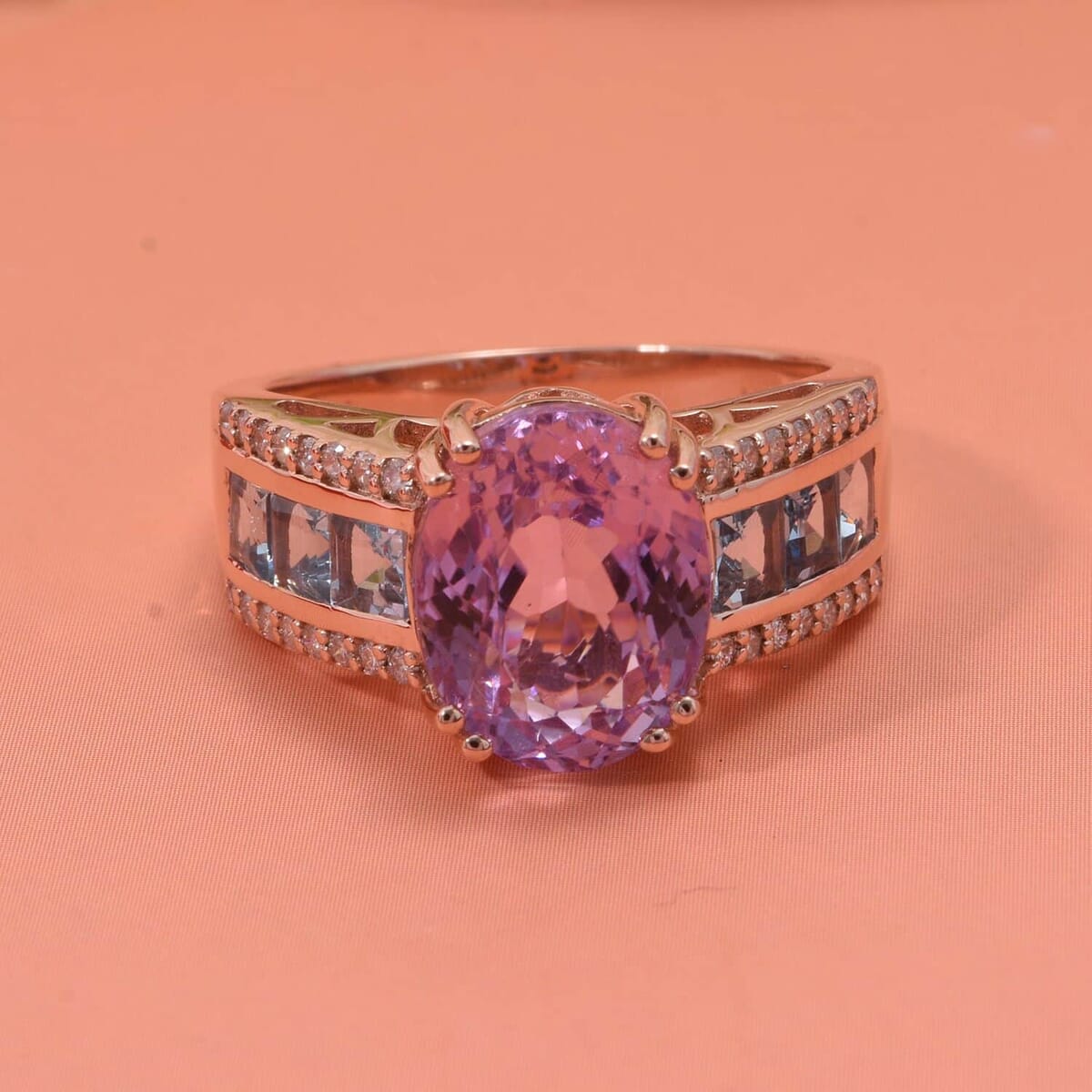 Certified & Appraised Luxoro AAA Patroke Kunzite, Santa Maria Aquamarine and G-H I2 Diamond 6.00 ctw Bridge Ring in 14K Rose Gold (Size 5.5) 4.75 Grams image number 1
