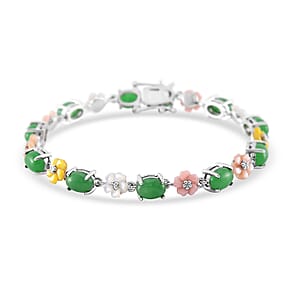 Green Jade (D) 11.00 ctw and Multi Color Mother of Pearl Carved Floral Bracelet in Rhodium Over Sterling Silver (7.25 In)