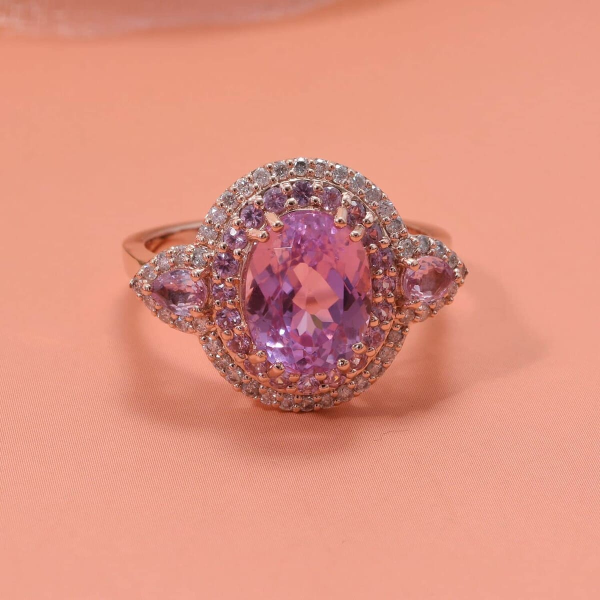 Certified & Appraised Luxoro AAAA Patroke Kunzite, Pink Sapphire and G-H I2 Diamond 4.75 ctw Ring in 14K Rose Gold (Size 7.5) 5.10 Grams image number 1