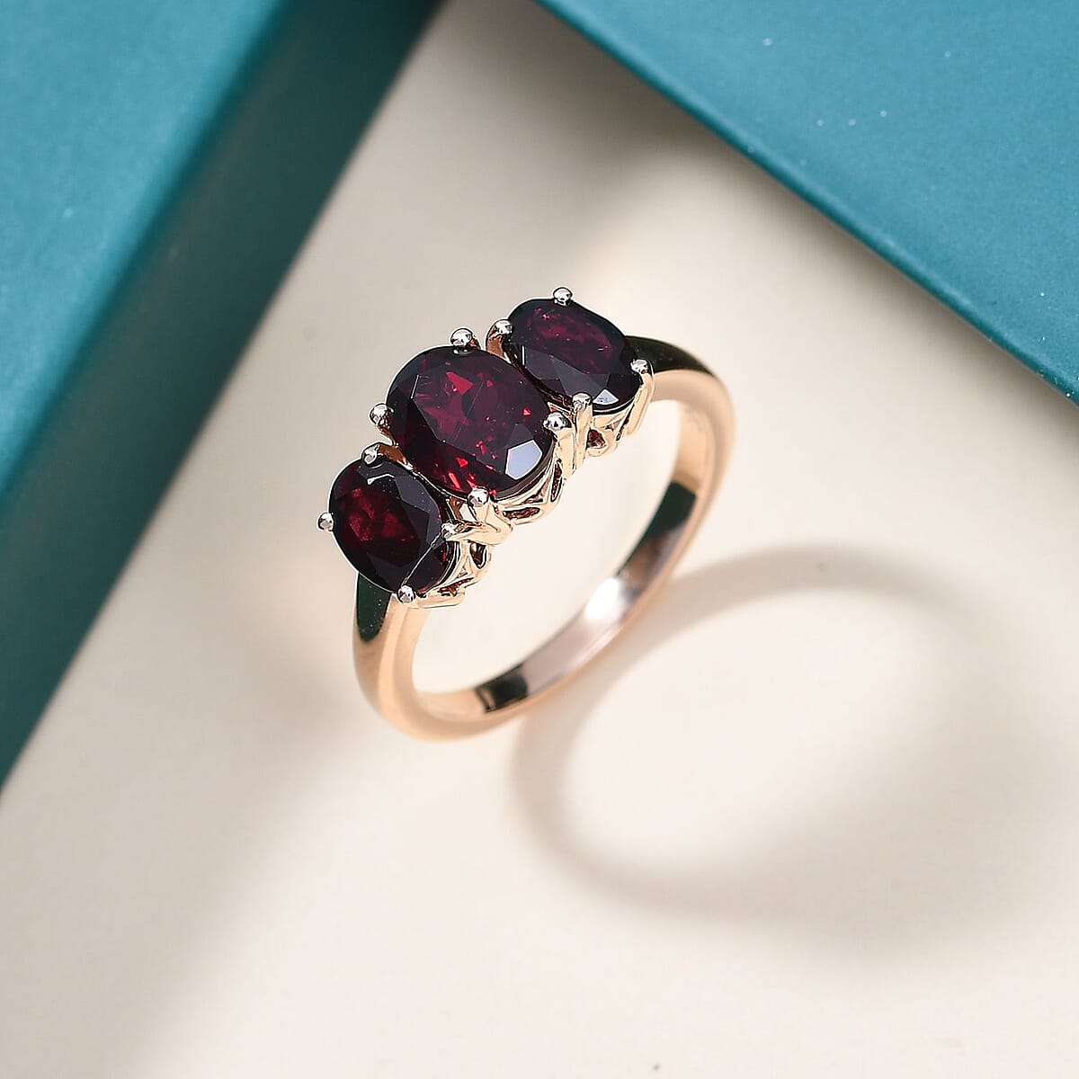 Luxoro Premium Anthill Garnet 3.40 ctw Trilogy Ring in 10K Rose Gold (Size 9.0) image number 1