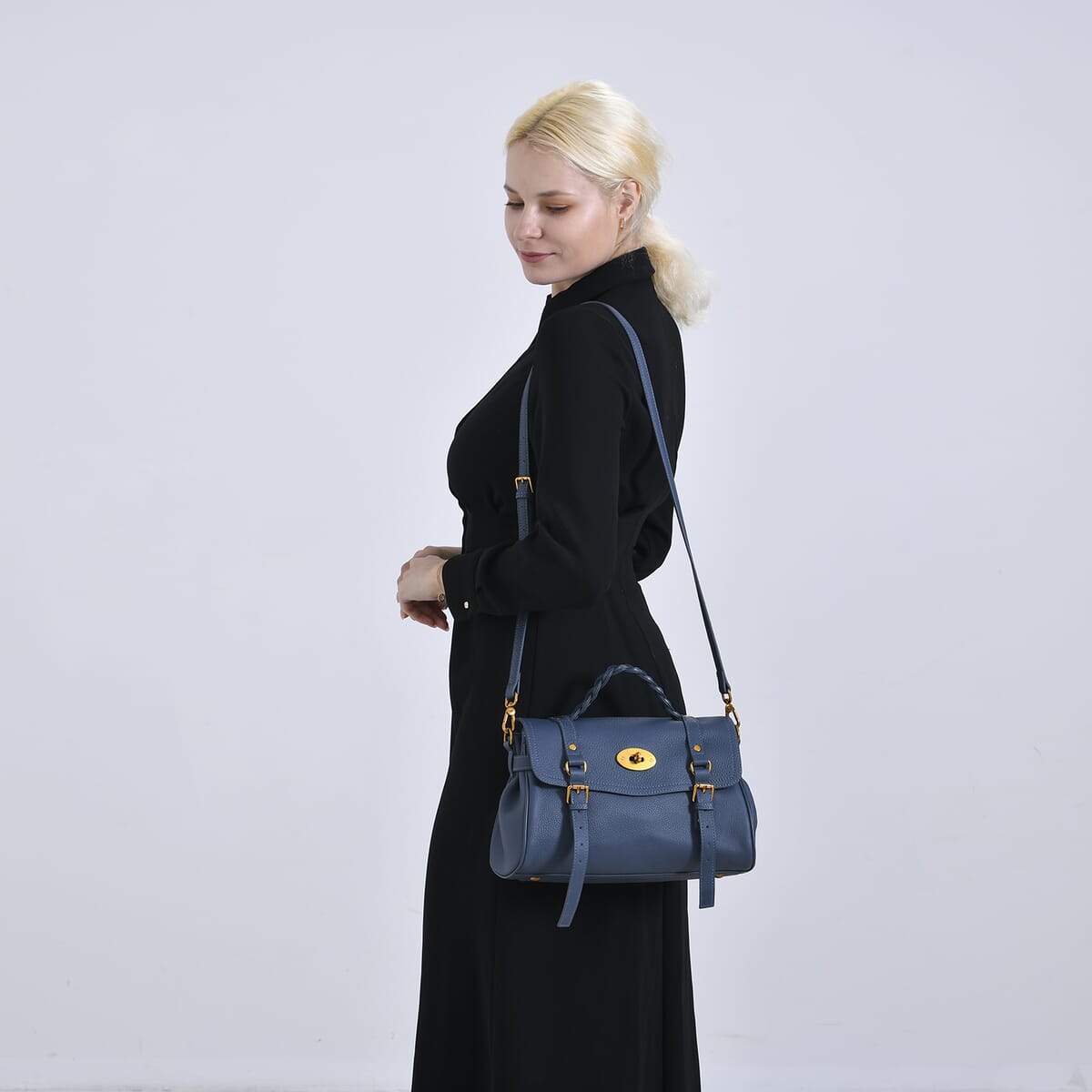 Italy Retro Noble Collection Blue Genuine Leather Crossbody Bag with Adjustable Shoulder Strap (12x5.32x7.09) image number 1