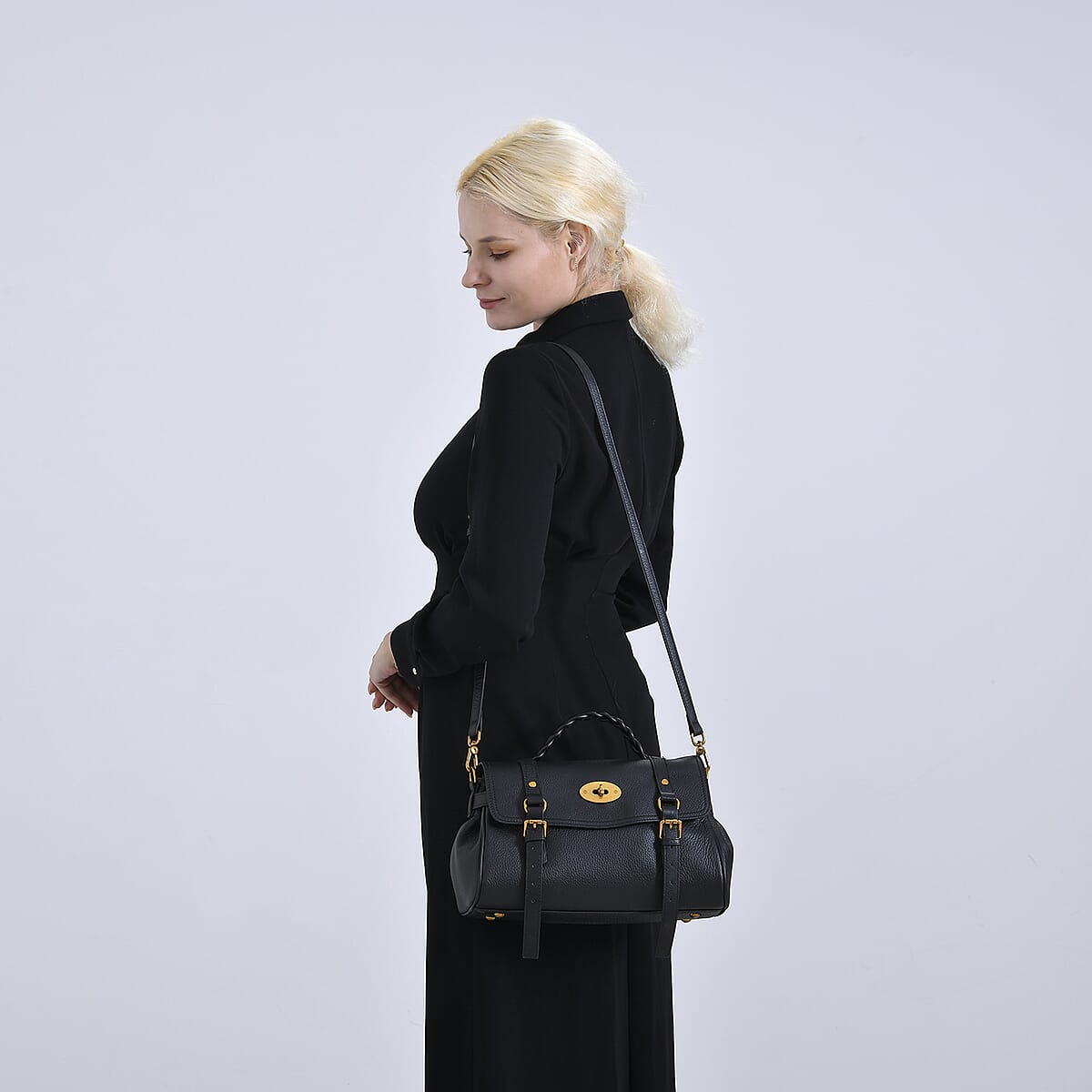 Italy Retro Noble Collection Black Genuine Leather Crossbody Bag with Adjustable Shoulder Strap (12x5.32x7.09) image number 1