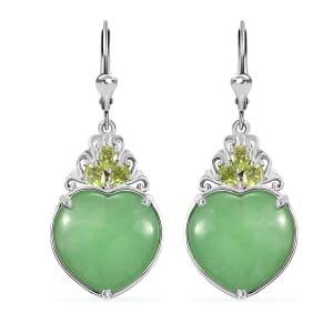 Green Jade (D) and Peridot 23.15 ctw Heart Earrings in Rhodium Over Sterling Silver