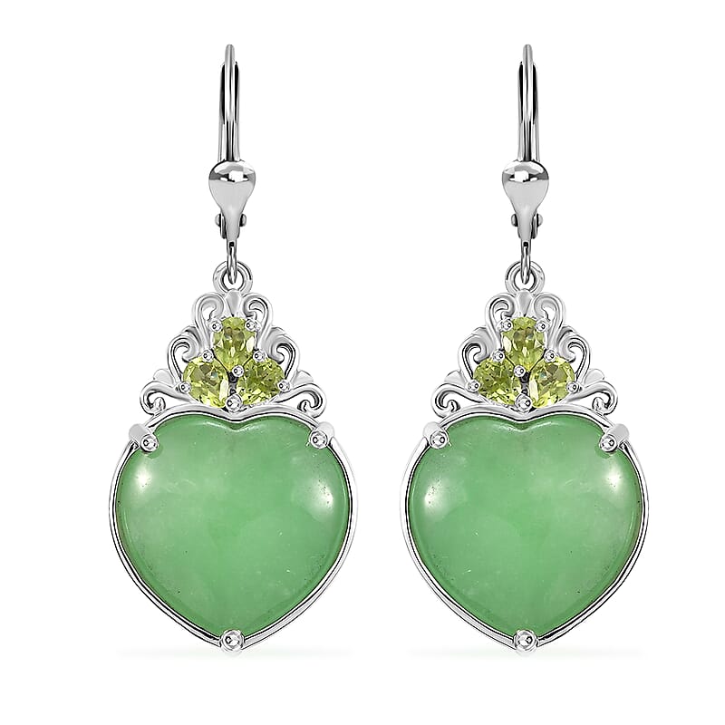 D'Joy Green Jade (D) and Peridot 23.15 ctw Heart Earrings in Rhodium Over Sterling Silver