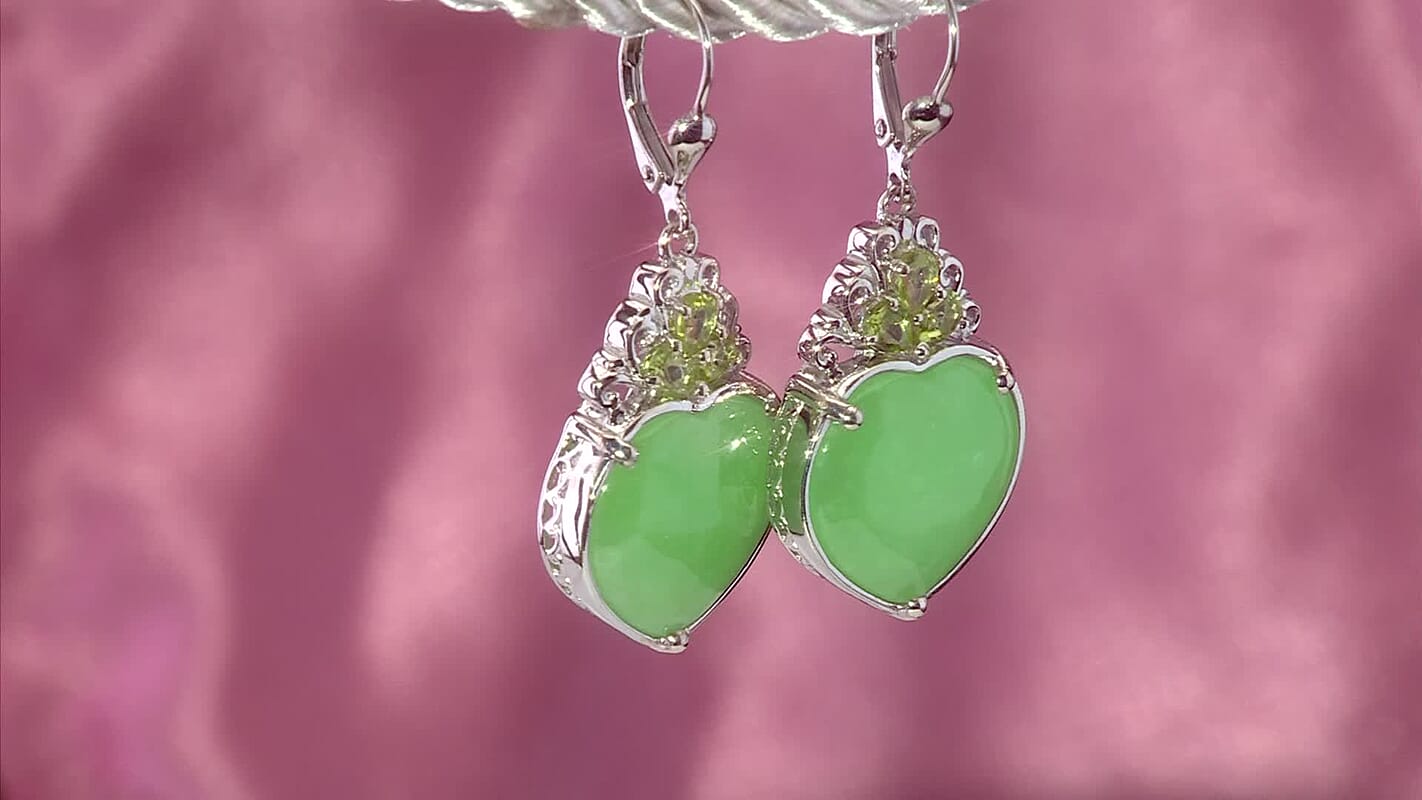 D'Joy Green Jade (D) and Peridot 23.15 ctw Heart Earrings in Rhodium Over Sterling Silver