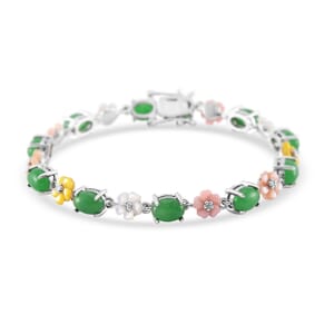 Green Jade (D) 12.00 ctw and Multi Color Mother of Pearl Carved Floral Bracelet in Rhodium Over Sterling Silver (8.00 In)