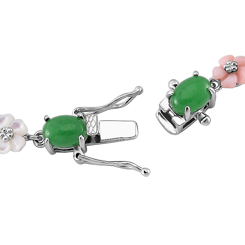 Green Jade (D) 12.00 ctw and Multi Color Mother of Pearl Carved Floral Bracelet in Rhodium Over Sterling Silver (8.00 In)