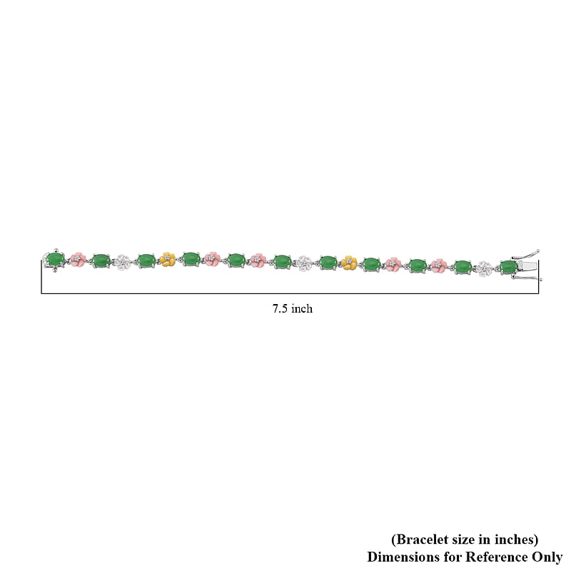 Green Jade (D) 12.00 ctw and Multi Color Mother of Pearl Carved Floral Bracelet in Rhodium Over Sterling Silver (8.00 In)