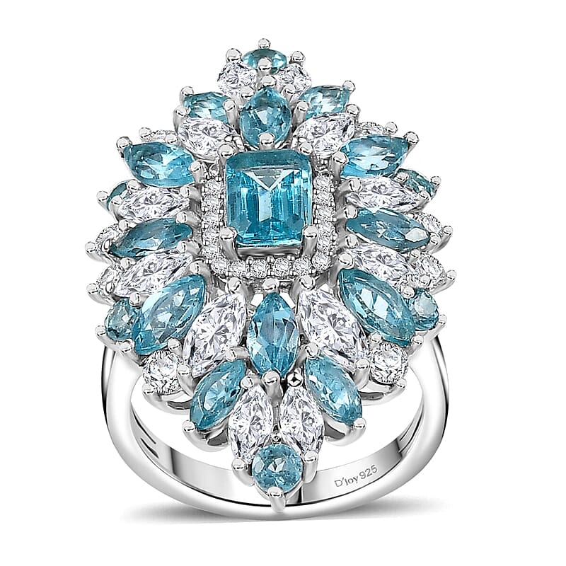 D'Joy Premium Betroka Blue Apatite and White Zircon 7.00 ctw Ring in Rhodium Over Sterling Silver (Size 10.0)