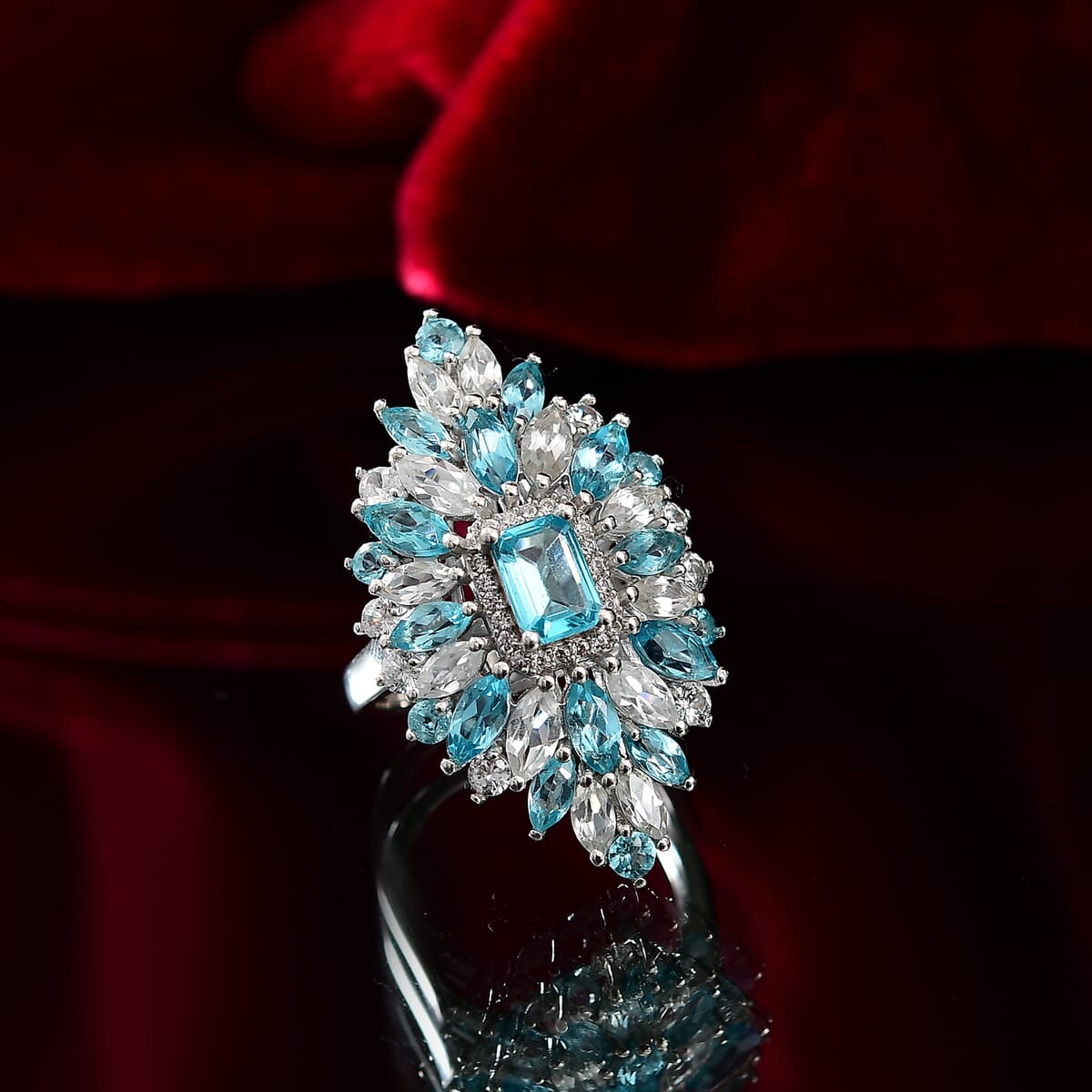 Premium Betroka Blue Apatite and White Zircon 7.00 ctw Ring in Rhodium Over Sterling Silver (Size 6.0) image number 1
