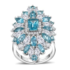 Premium Betroka Blue Apatite and White Zircon 7.00 ctw Ring in Rhodium Over Sterling Silver (Size 7.0)