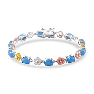 Blue Jade (D) 10.40 ctw and Multi Color Mother of Pearl Carved Floral Bracelet in Rhodium Over Sterling Silver (6.50 In)
