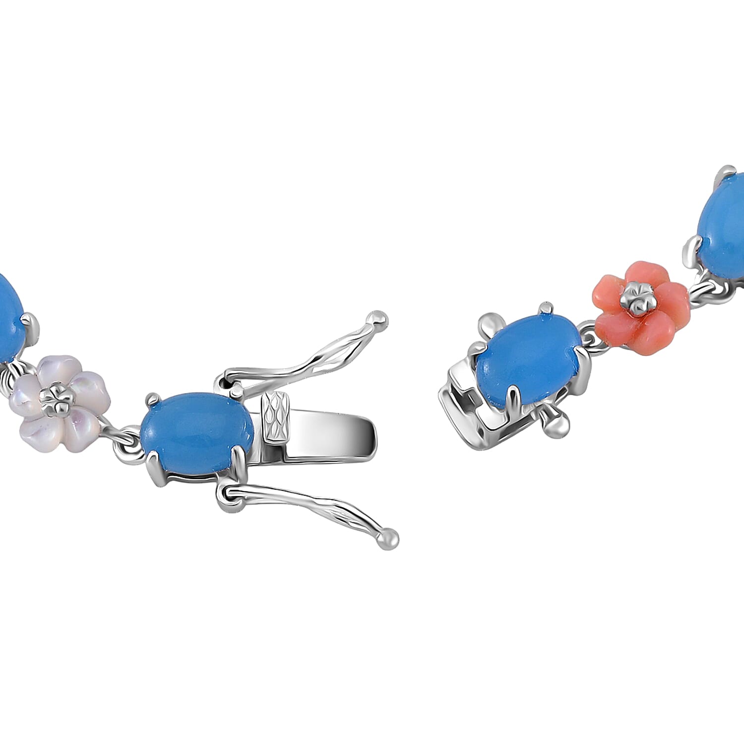 Blue Jade (D) 10.40 ctw and Multi Color Mother of Pearl Carved Floral Bracelet in Rhodium Over Sterling Silver (6.50 In)