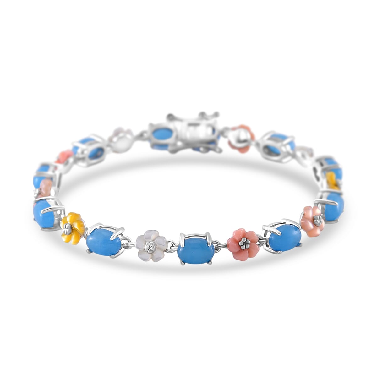 Blue Jade (D) 11.50 ctw and Multi Color Mother of Pearl Carved Floral Bracelet in Rhodium Over Sterling Silver (7.25 In) image number 0