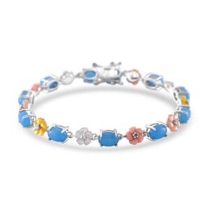 Blue Jade (D) 11.50 ctw and Multi Color Mother of Pearl Carved Floral Bracelet in Rhodium Over Sterling Silver (7.25 In)