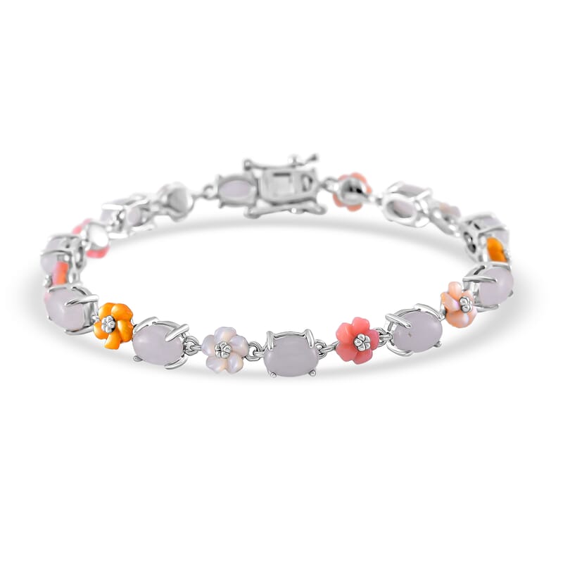 Natural Jade 10.35 ctw and Multi Color Mother of Pearl Carved Floral Bracelet in Rhodium Over Sterling Silver (6.50 In)