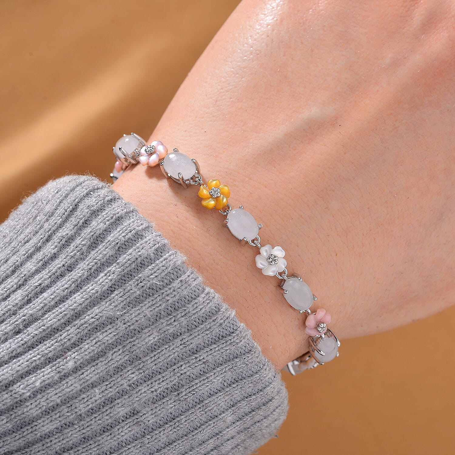 Natural Jade 10.35 ctw and Multi Color Mother of Pearl Carved Floral Bracelet in Rhodium Over Sterling Silver (6.50 In)