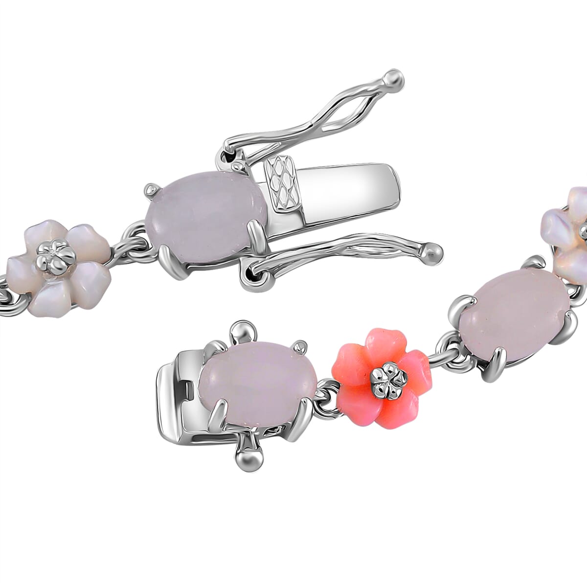 Natural Jade 10.35 ctw and Multi Color Mother of Pearl Carved Floral Bracelet in Rhodium Over Sterling Silver (6.50 In) image number 2