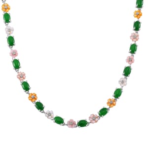 Green Jade (D) 23.50 ctw and Multi Color Mother of Pearl Carved Floral Necklace in Rhodium Over Sterling Silver 18 Inches