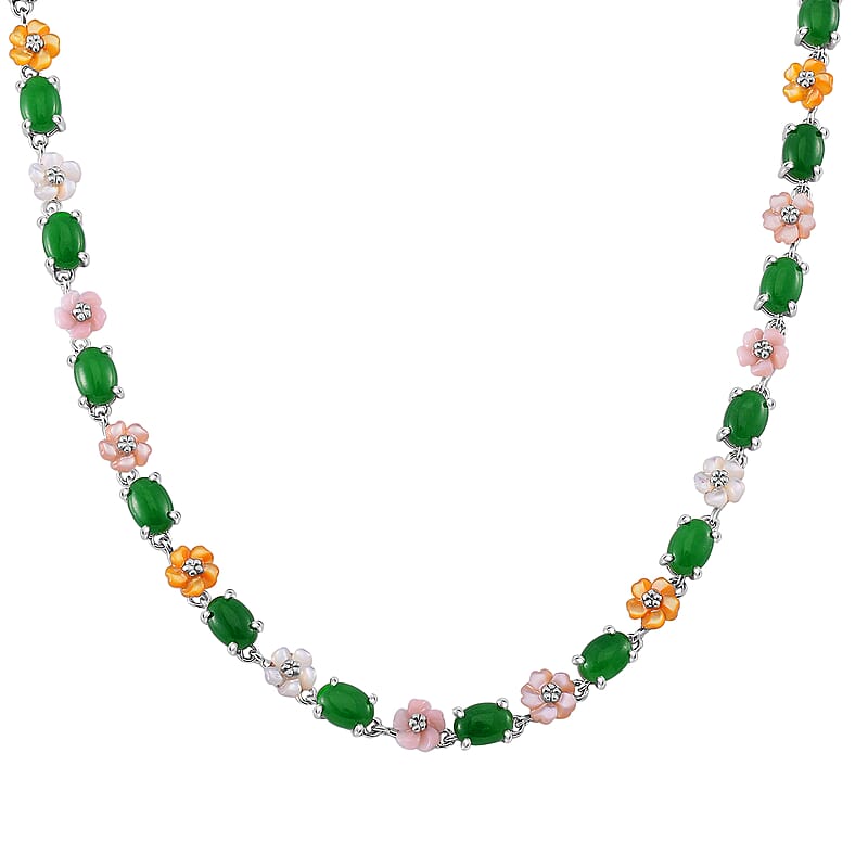 Green Jade (D) 23.50 ctw and Multi Color Mother of Pearl Carved Floral Necklace in Rhodium Over Sterling Silver 18 Inches